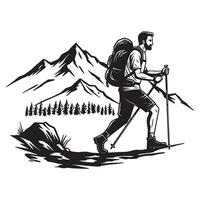 Black and white illustration of a hiker trekking through mountains with backpack and poles vector