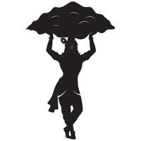 Silhouette illustration of lord krishna lifting govardhan hill depicting divine protection vector