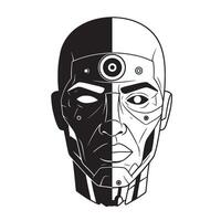 Divided cybernetic human head illustration with contrasting black and white sections vector
