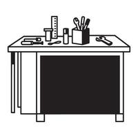 Black and white illustration of a workshop table with tools and utensils vector