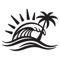 Black and white beach scene silhouette featuring a sun palm tree and ocean wave vector
