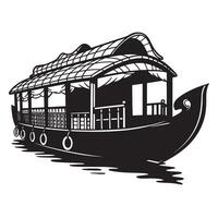 Black and white illustration of a traditional houseboat floating on calm waters vector