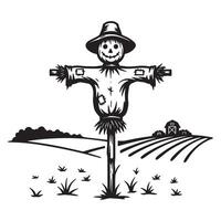 Detailed black and white illustration of a scarecrow in a farm field setting with barn vector