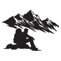 Silhouette of hikers resting and admiring majestic mountains after reaching the summit vector