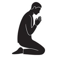 Silhouette illustration of a person kneeling in prayer and deep contemplation on white background vector