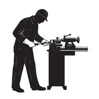Silhouette of a machinist operating a lathe machine in a workshop setting using tools and safety gear vector