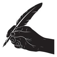Silhouette of a hand holding a quill pen writing on a blank white background vector
