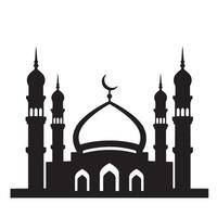 Silhouette of a beautiful mosque featuring minarets and a crescent moon symbol in islamic design vector