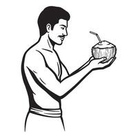 Black and white illustration of a man holding a coconut drink with a straw vector