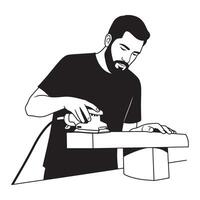 Black and white illustration of a carpenter sanding a wooden plank with power tools. vector