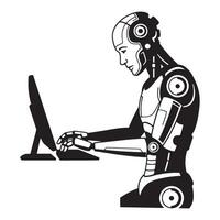 Black and white futuristic robot working on a computer with high technology design vector