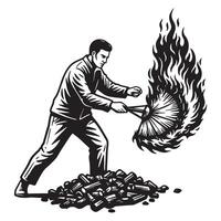Black and white illustration of a man igniting a fire with a stylized fan vector