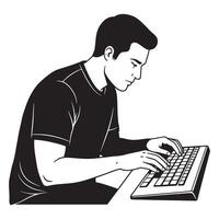 Black and white illustration of a man focused on typing on a computer keyboard vector