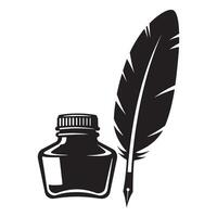 Black and white illustration of inkwell and feather quill on a clean white background vector