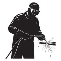 Silhouette of a skilled welder using welding torch with sparks on white background vector