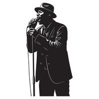 A silhouetted illustration of a jazz singer performing with a microphone on white background vector