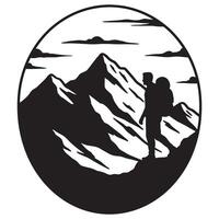 Silhouette of a hiker ascending a mountain within an oval frame outdoors adventure concept vector