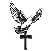 Dove of peace and cross religious symbol illustration in black and white design vector