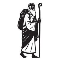 Black and white illustration of a walking old man carrying a backpack with a cane vector