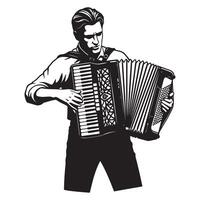 Stylish black and white illustration of a man playing a musical accordion instrument. vector
