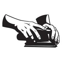 Black and white illustration of hands gripping and operating a sanding machine tool vector