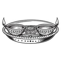 Traditional indian diya oil lamps on a decorative plate black and white illustration vector