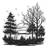 Black and white illustration of a landscape with trees and flying birds at sunset vector