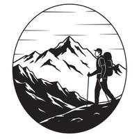 Silhouette illustration of a hiker with backpack trekking through the mountains in black and white vector