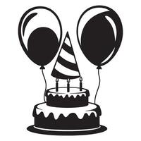 Birthday celebration illustration with cake balloons and festive party hat in black and white vector