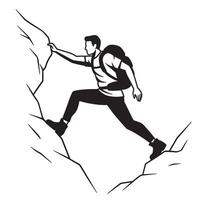Adventurous hiker climbing a rock face depicted in bold black and white graphic style vector