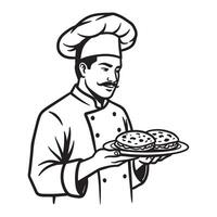 Chef in uniform holding plate of food serving freshly prepared culinary delights vector