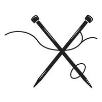 Black and white illustration of crossed knitting needles and yarn on a white background vector