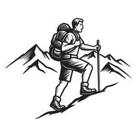 illustration of a hiker ascending a mountain with backpack and walking stick vector