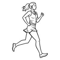 Energetic running woman in black and white running outfit depicted in line art vector