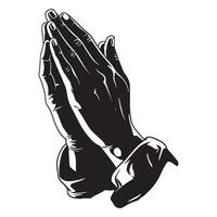 Black and white illustration of hands clasped in prayer on white background vector