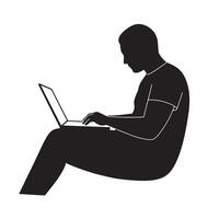 Silhouette of a man working on a laptop computer in a sitting position on white background vector