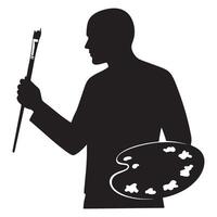 Artistic silhouette of an artist holding a paintbrush and palette isolated on white background vector