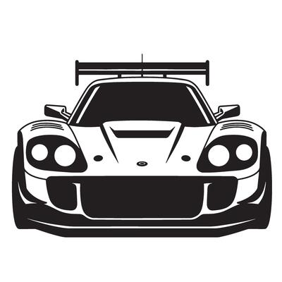 Black and white illustration of a modern sportscar viewed head on against a white background