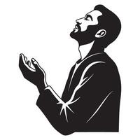 illustration of a man looking upwards with hands raised in a prayerful gesture vector