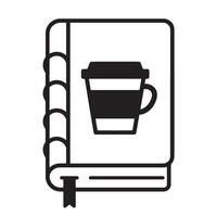 Black and white illustration of a book with a coffee cup icon on its cover. vector