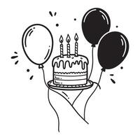 Hand holding a birthday cake with candles and balloons celebrating a special event vector