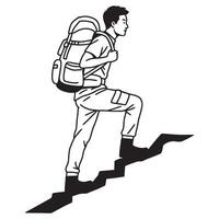 Monochrome illustration of a hiker climbing steps with a backpack adventure concept vector