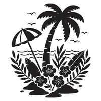 Black and white summer beach scene with palm tree umbrella surfboard and flowers vector