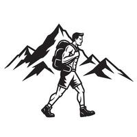 Silhouette illustration of a hiker walking with backpack in front of majestic mountain peaks vector