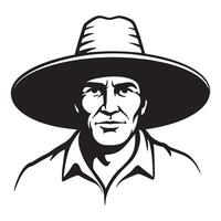 Illustration of a strong farmer wearing a wide brimmed hat in a black and white style vector