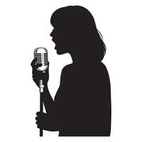 Silhouette of a woman singing into a vintage microphone in black and white vector