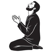Black and white illustration of a man praying with hands raised towards the sky vector