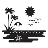 Black and white beach scene illustration featuring palm trees sun umbrella and birds in silhouette vector