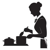 Silhouette of a woman in apron cooking with pots and spoon in a kitchen setting vector