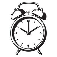 Black and white retro illustration of an alarm clock showing the time at ten past twelve vector
